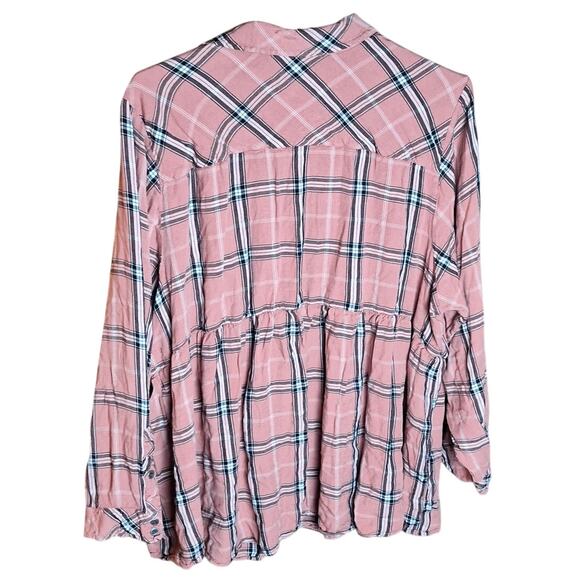 Torrid 4 Women 4x Peach Pink Plaid Twill Peplum Shirred Waist Blouse Shirt - Picture 4 of 8